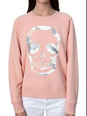 Zadig & Voltaire Peach/Pink "Poudre" Camo Skull Print Sweatshirt. Women's Medium